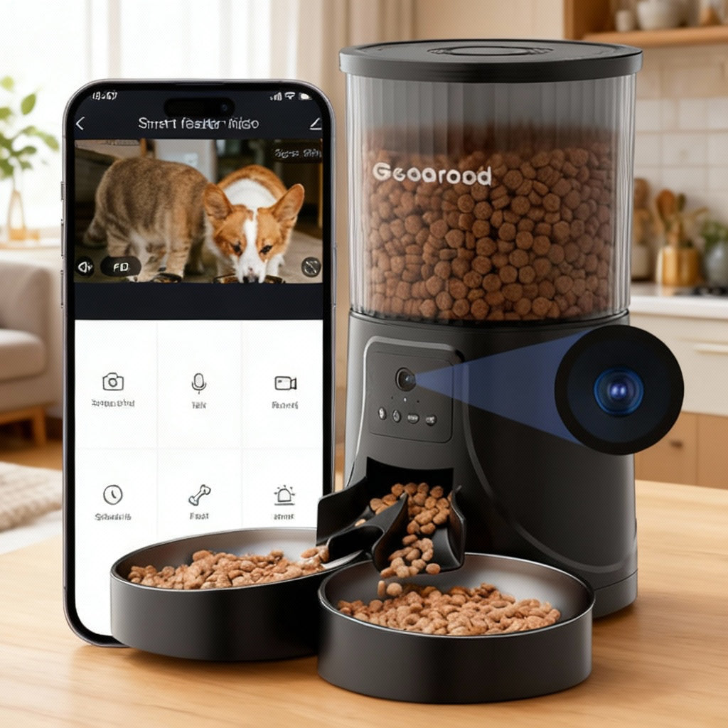 Geoorood Automatic Pet Feeder with Camera, 1080P HD Video , 2.4G Wifi Pet Feeder with 2-Way Audio, 4L Large Capacity, Dual Bowl Design for Cats and Dogs