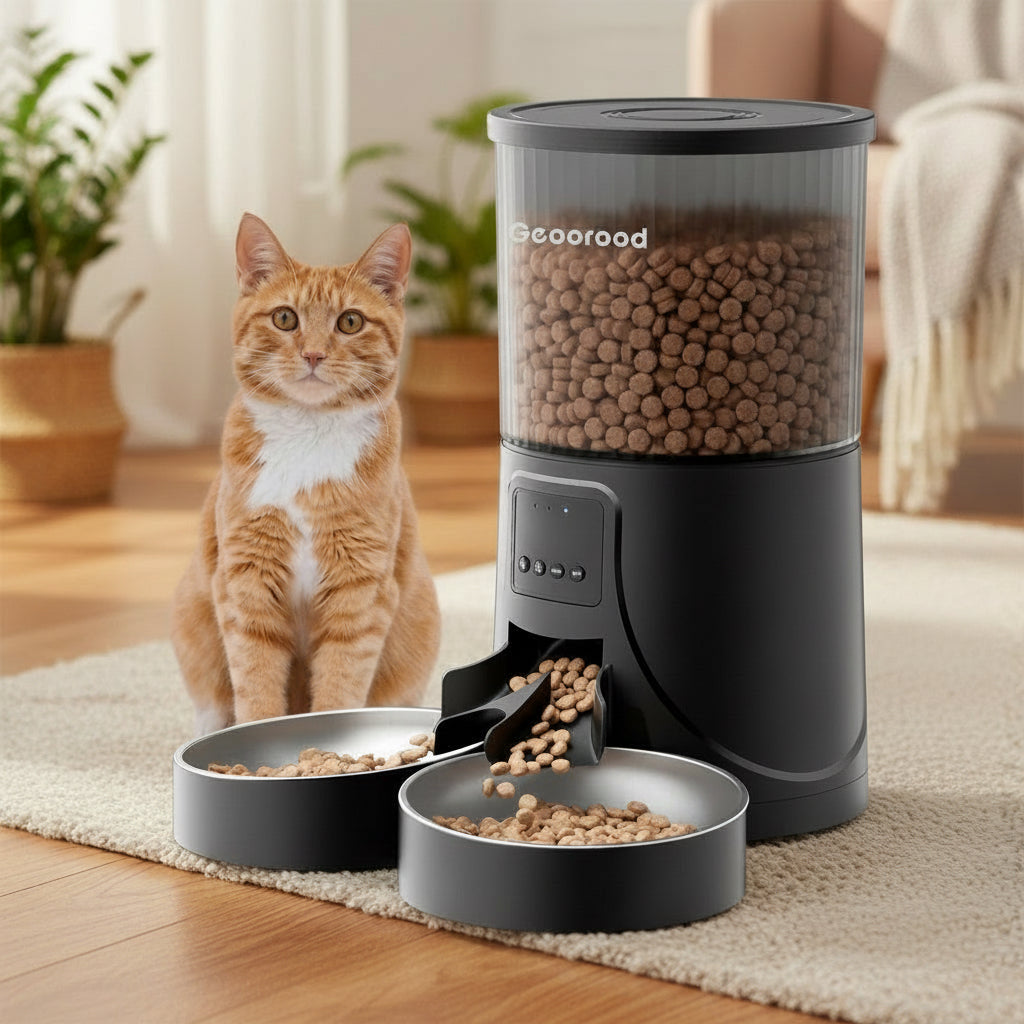 Geoorood Automatic Pet Feeder with Camera, 1080P HD Video , 2.4G Wifi Pet Feeder with 2-Way Audio, 4L Large Capacity, Dual Bowl Design for Cats and Dogs